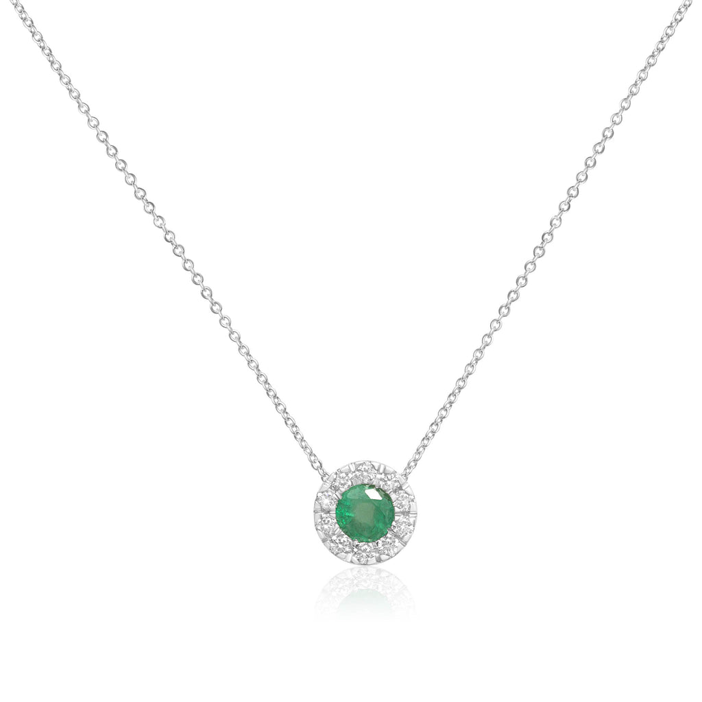 14K White Gold Emerald Center with Diamonds Romantic Pendant